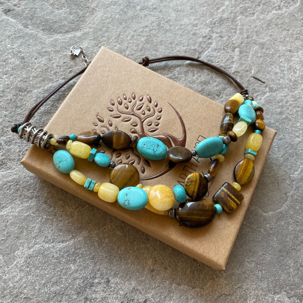 SILPADA N1858 Necklace with Turquoise, Tiger Eye on Brown Leather Cord.